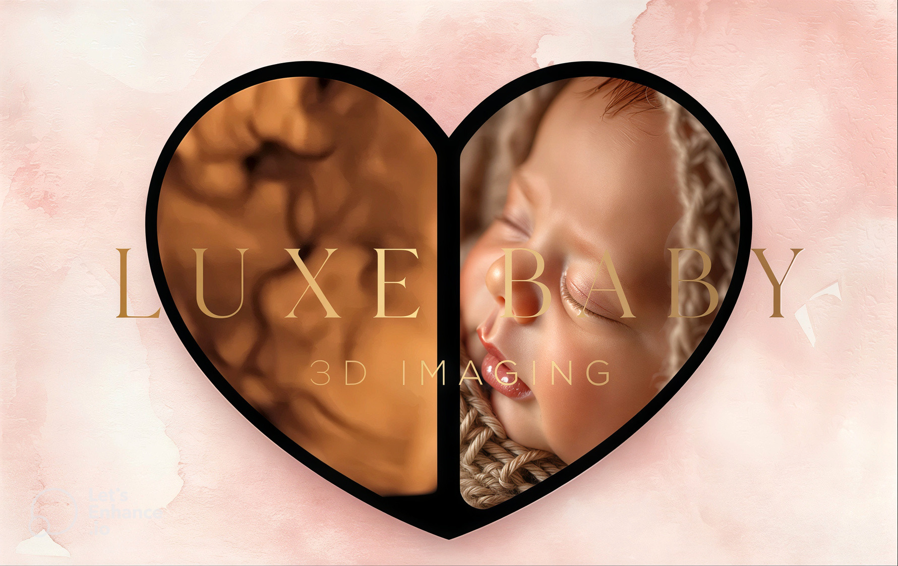 3D ultrasound images of a baby in the womb shaped like a heart.